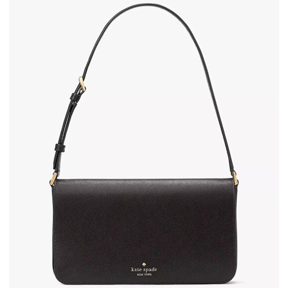 S Kate Spade Staci Black Saffiano Leather Flap Shoulder Bag Purse KF371 NWT